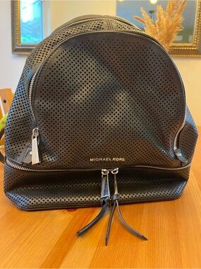 Michael Kors Black Leather Backpack with Silver Hardware